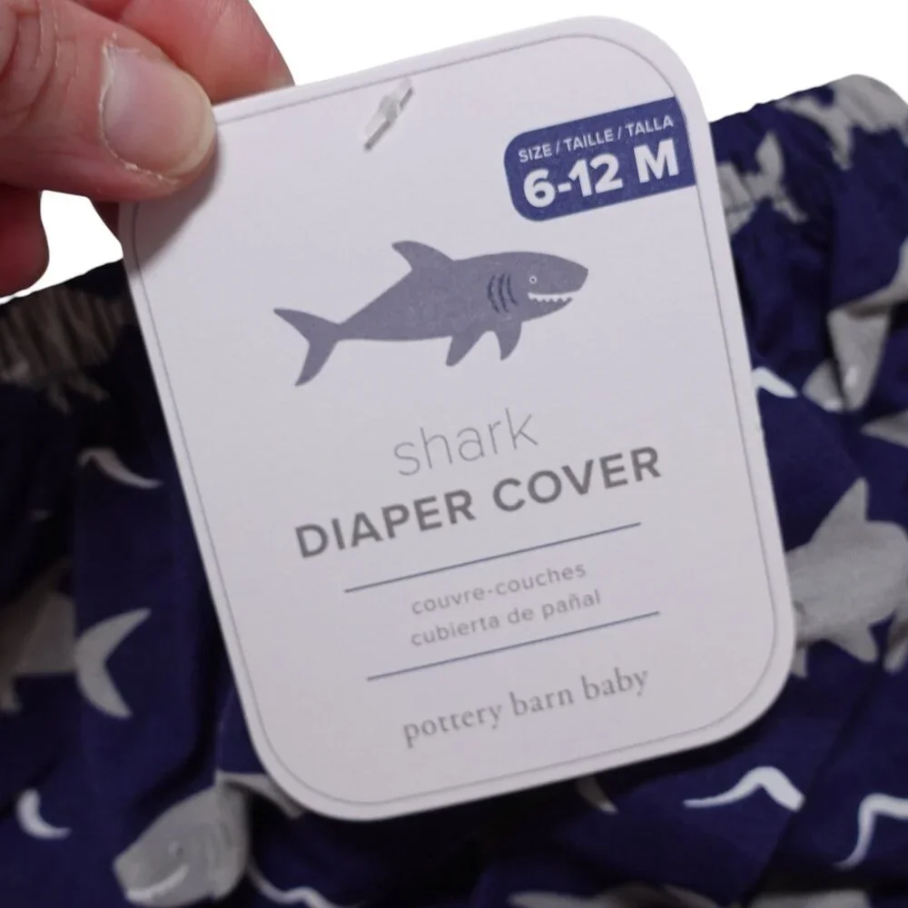 NWT Pottery Barn Kids Diaper Cover 6-12M Blue Gray Shark Print Water Resistant